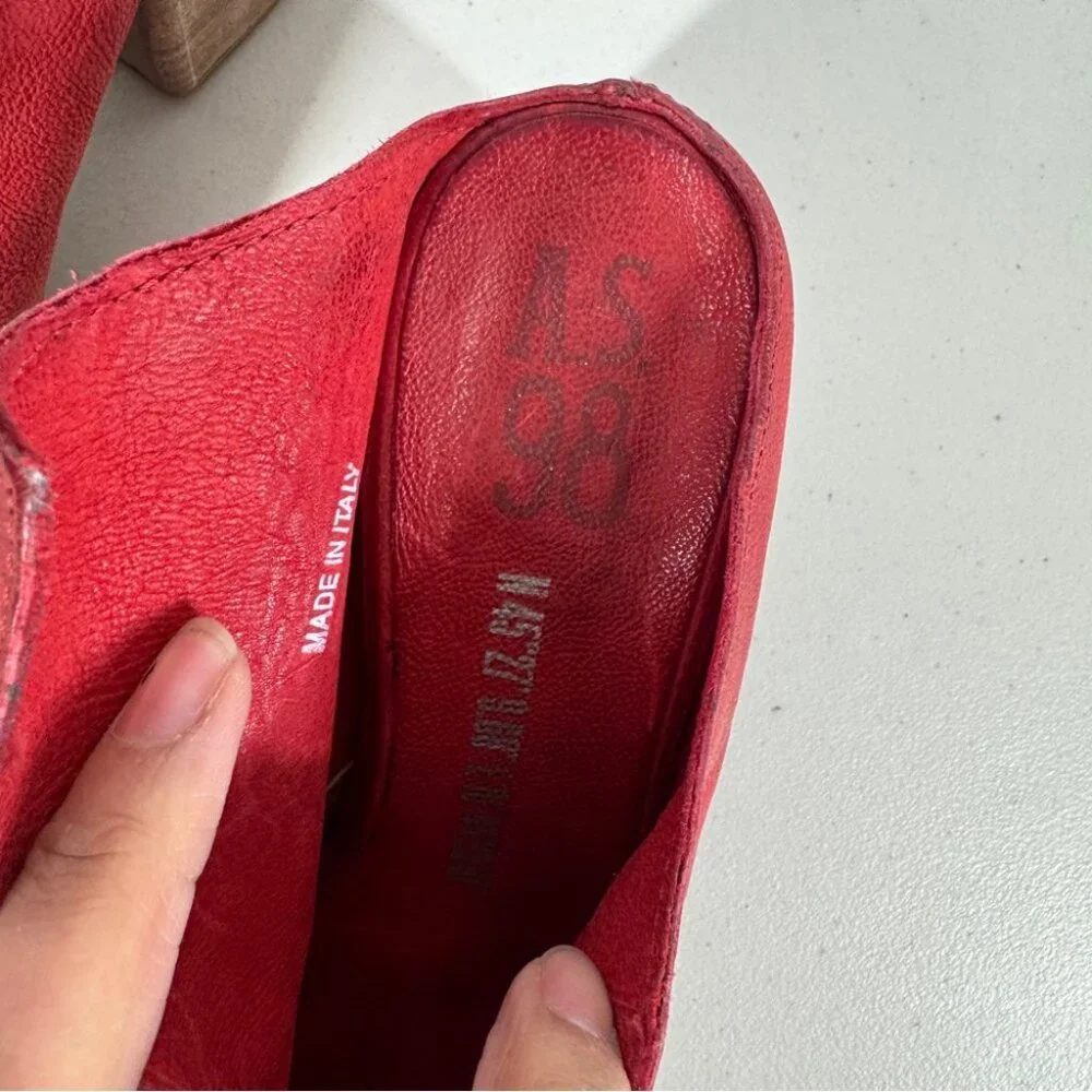 AS98 Red Leather Peep Toe Mules Size 38 Block Heel Boho Hippie Lagenlook - Picture 7 of 16